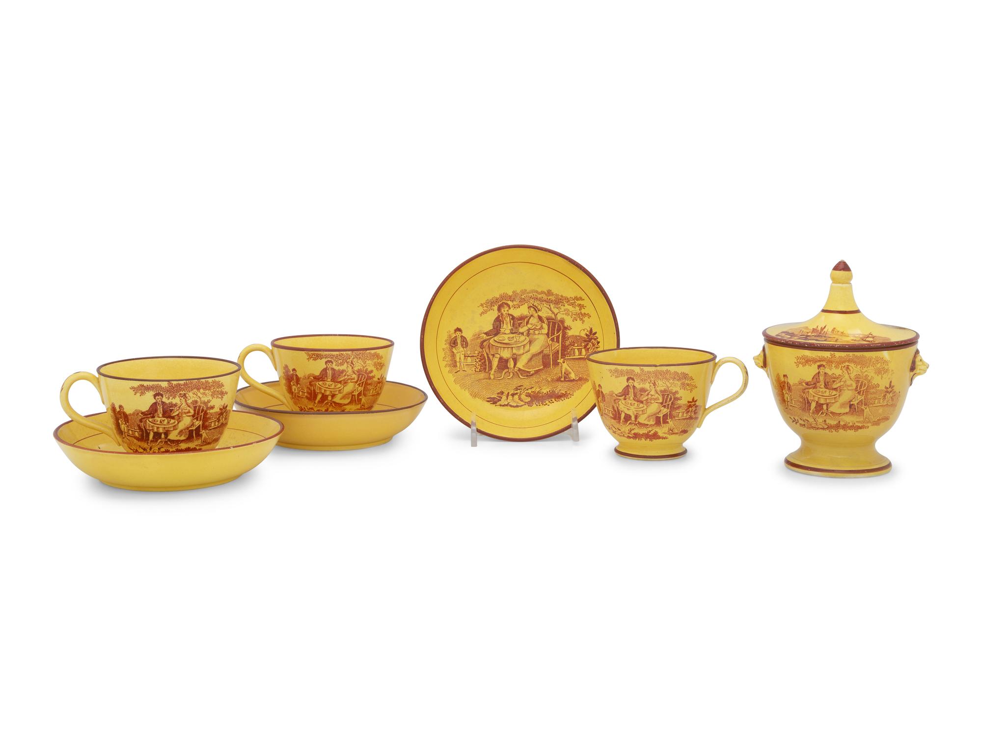 A English Canary Yellow Transferware Partial Tea Service of Canine Interest