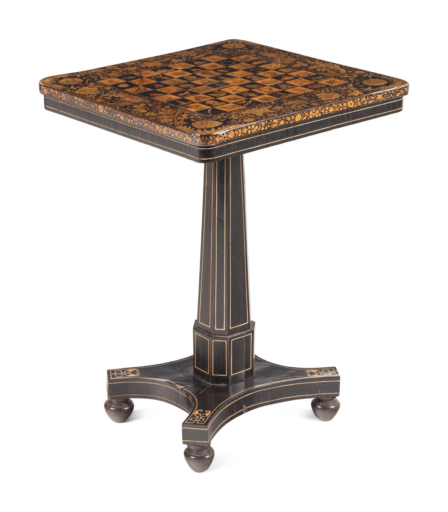 A Regency Penwork, Ebonized and Cream-Painted Game Table