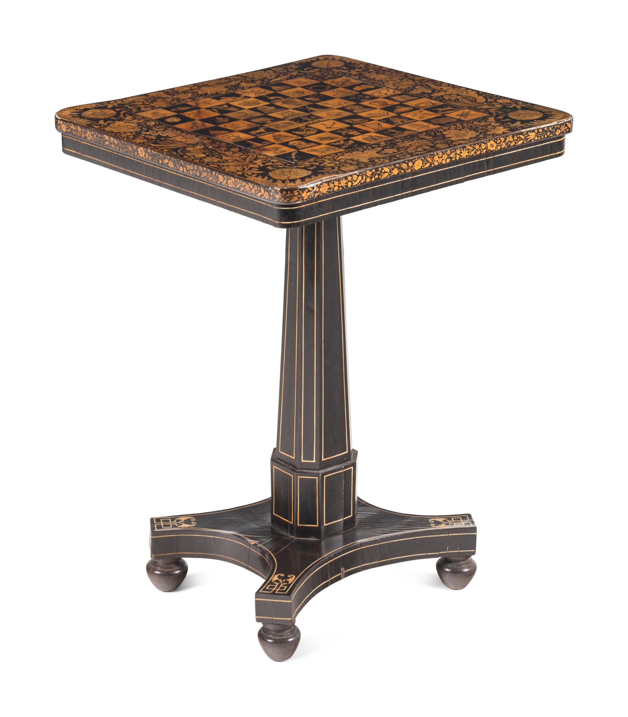 A Regency Penwork, Ebonized and Cream-Painted Game Table