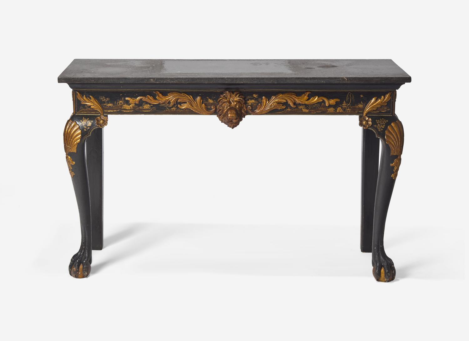 A George II Style Parcel Gilt and Black Japanned Marble-Top Console Table