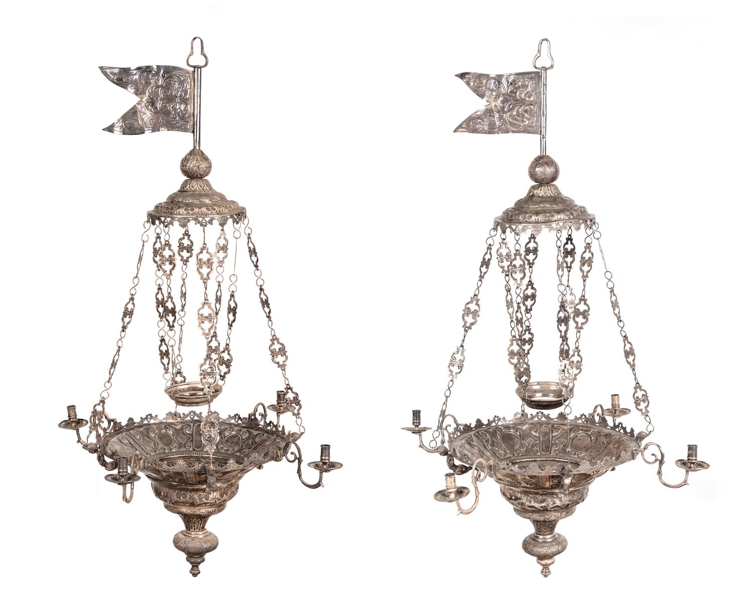 A Pair of Mexican Colonial Silver Four-Light Chandeliers