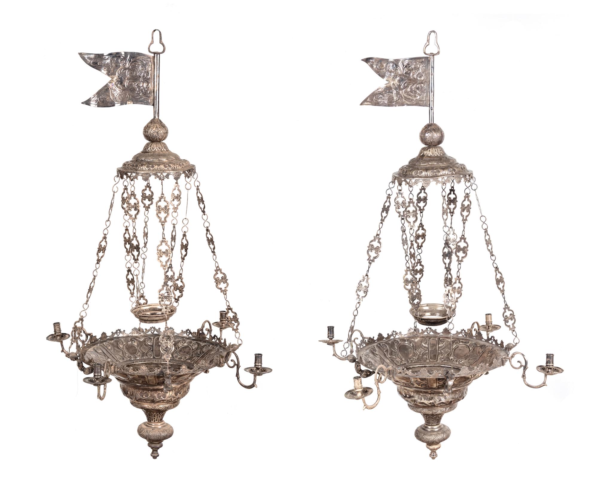 A Pair of Mexican Colonial Silver Four-Light Chandeliers