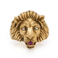 Yellow Gold, Diamond, and Ruby Lion Ring