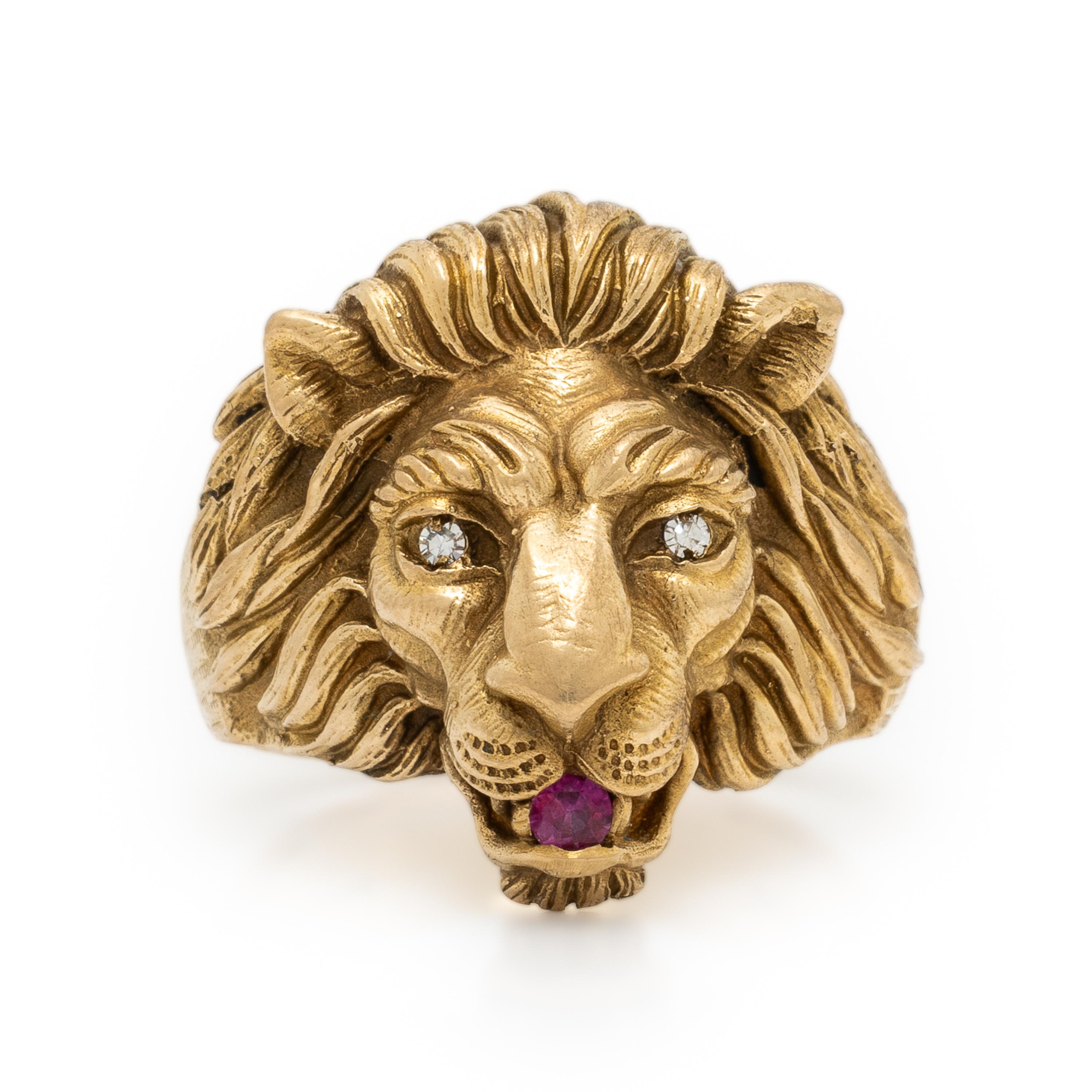 Yellow Gold, Diamond, and Ruby Lion Ring