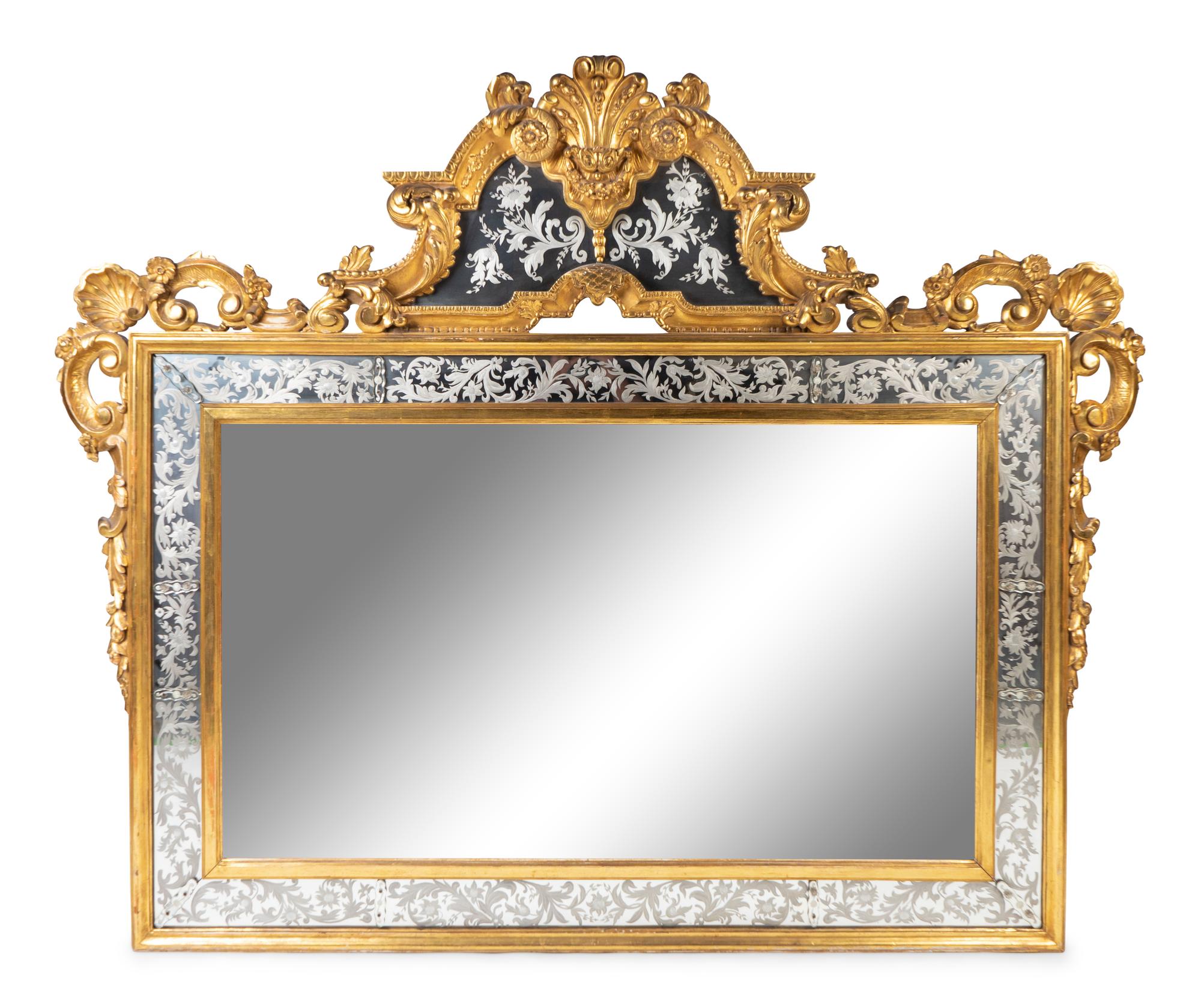 A Venetian Rococo Style Giltwood and Etched Glass Mirror — 20TH CENTURY