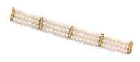 A 14 Karat Yellow Gold, Diamond and Cultured Pearl Multistrand Bracelet,