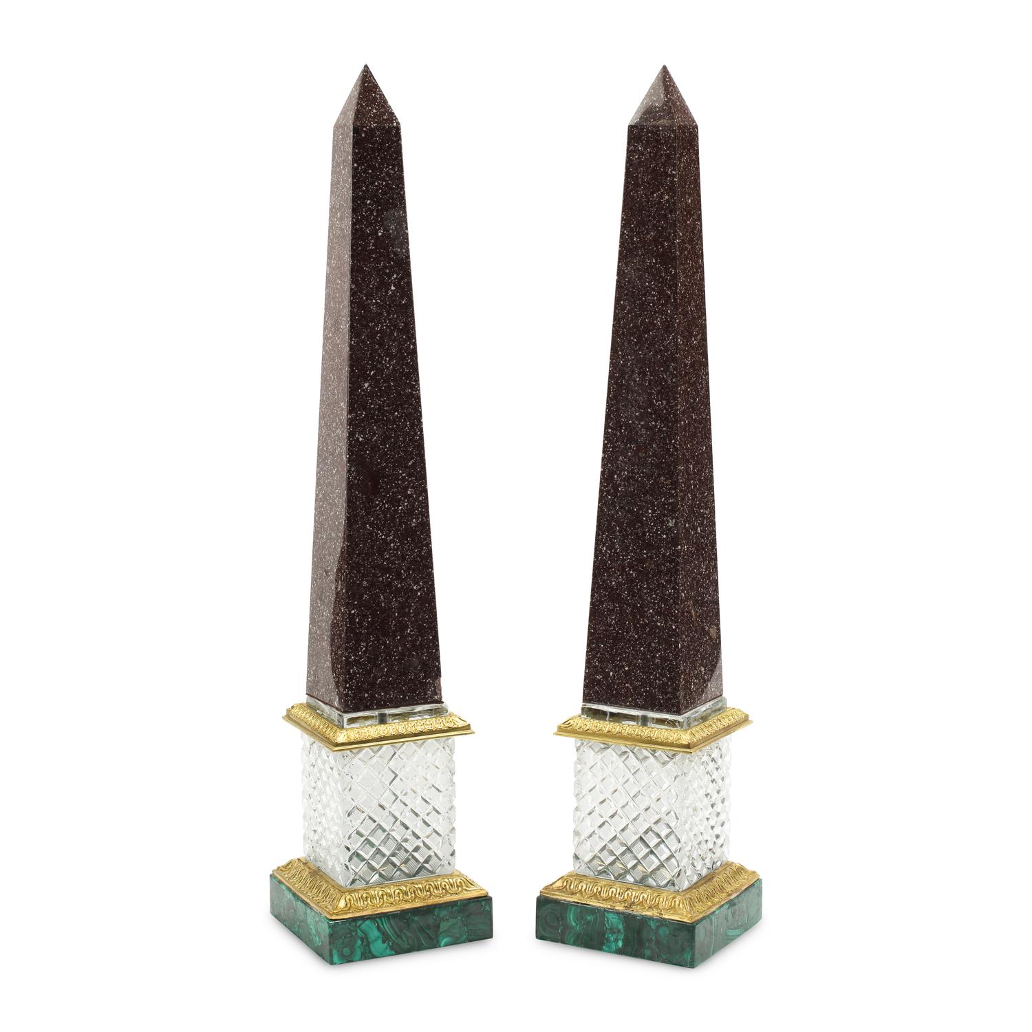 A Pair of Malachite, Cut Glass, Marble and Gilt Bronze Mounted Obelisks