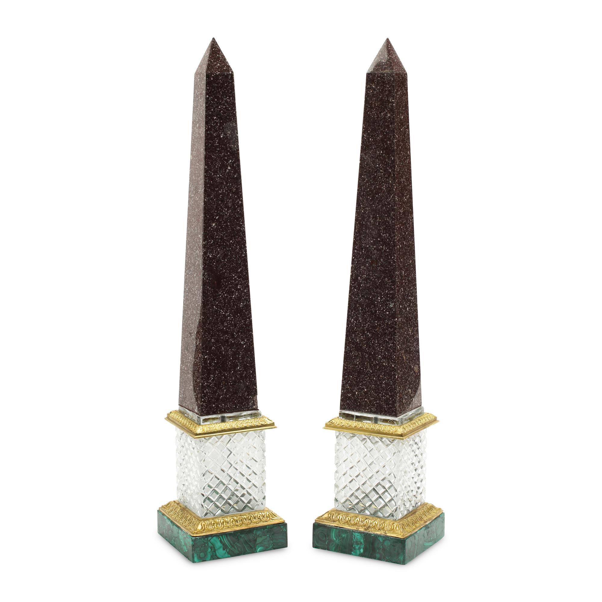 A Pair of Malachite, Cut Glass, Marble and Gilt Bronze Mounted Obelisks