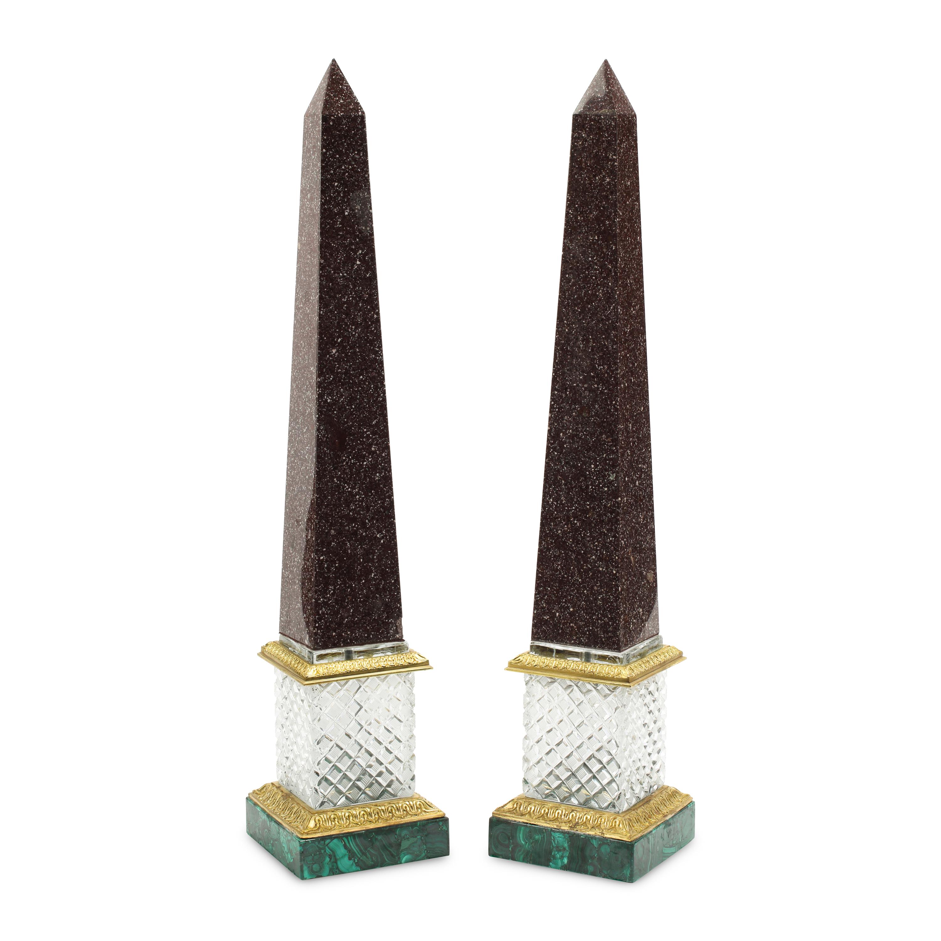 A Pair of Malachite, Cut Glass, Marble and Gilt Bronze Mounted Obelisks