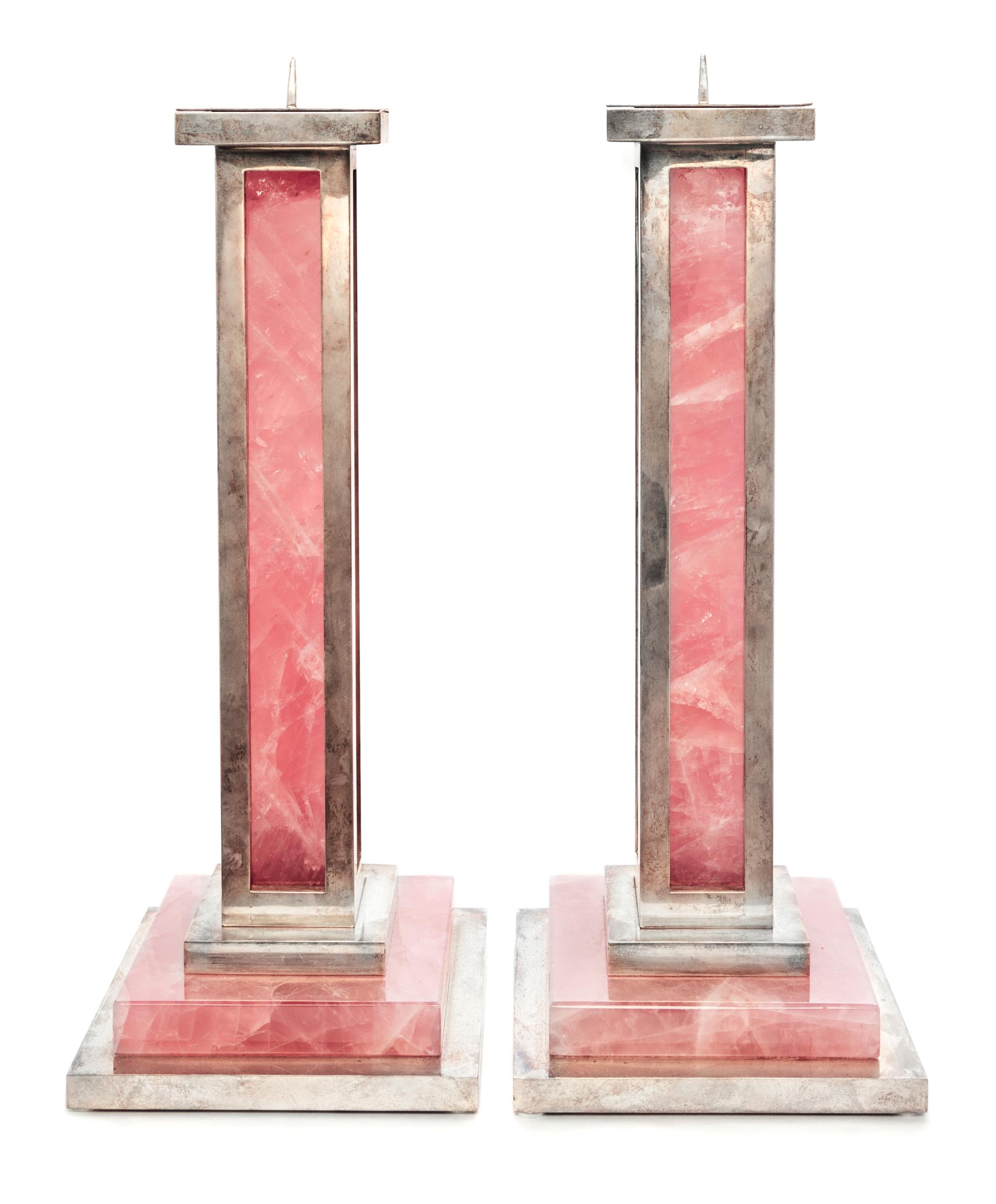 A Pair of Elizabeth II Silver and Rose Quartz Candlesticks, Paul Belvoir, London, 2007, each silver frame enclosing a columnar rose qua