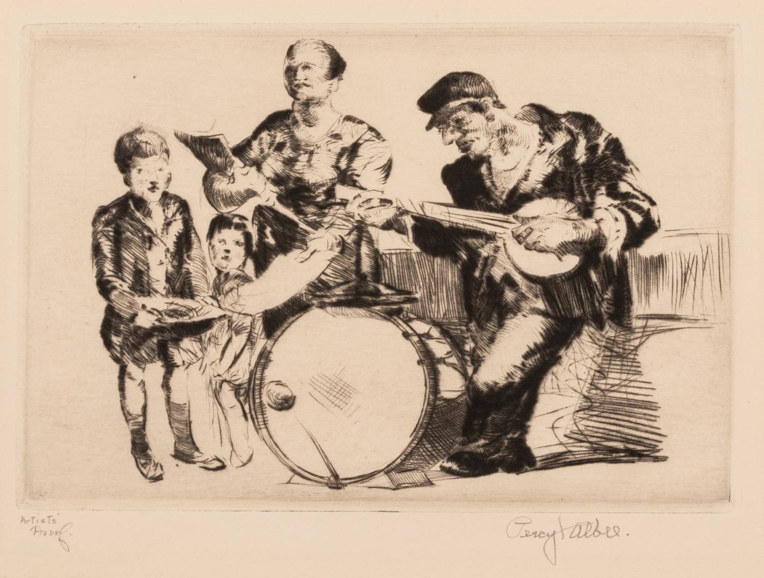 Percy F. Albee, (American, 1883-1959), A group of five works: Italian Fishwife, Italian Fishwife, Street Musicians, Idlers, and Poor Mo