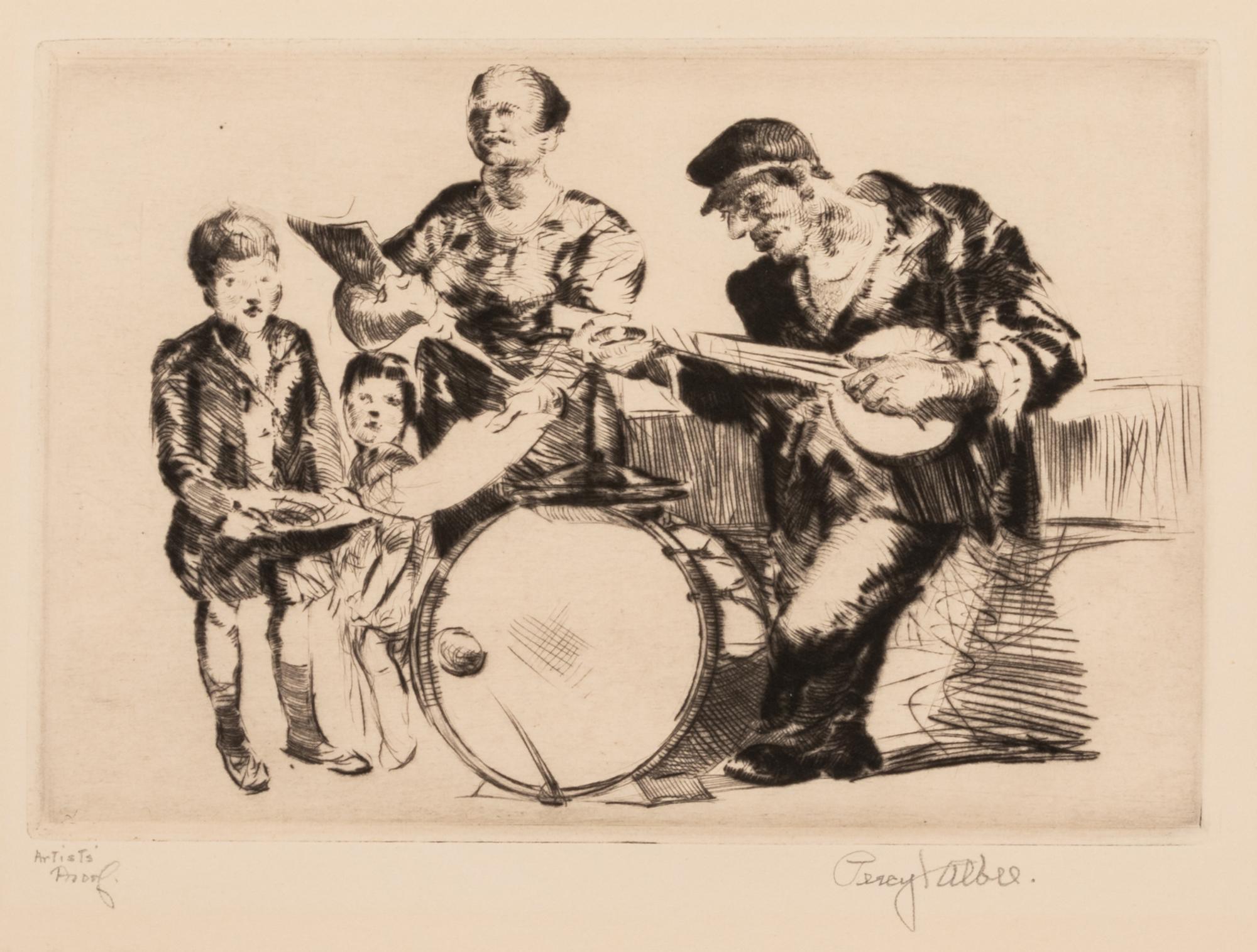 Percy F. Albee, (American, 1883-1959), A group of five works: Italian Fishwife, Italian Fishwife, Street Musicians, Idlers, and Poor Mo