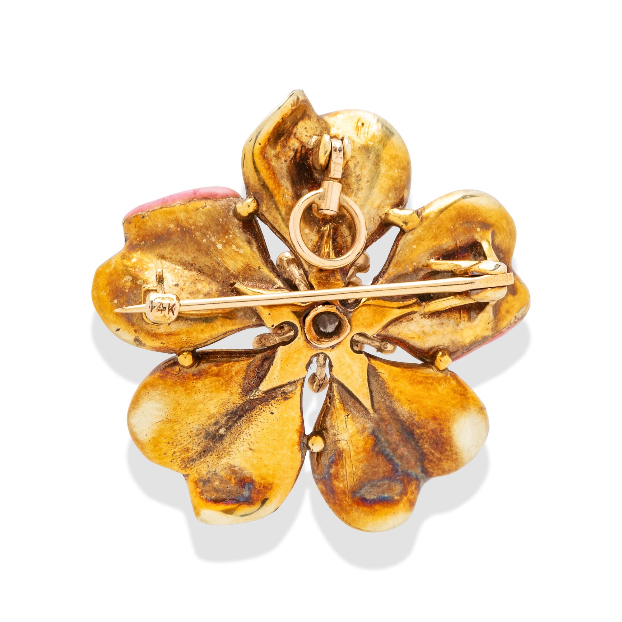 ENAMEL, DIAMOND, AND YELLOW GOLD CHERRY BLOSSOM PENDANT BROOCH