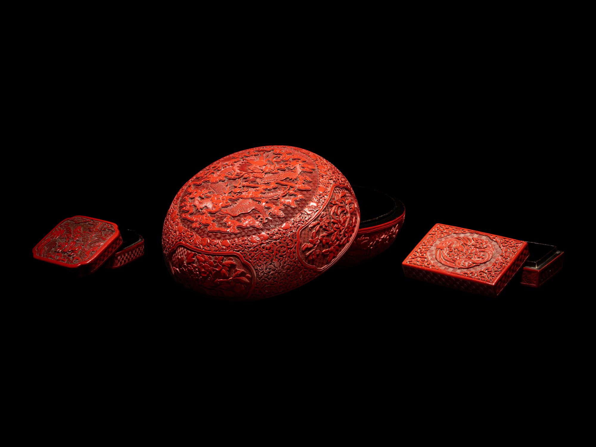 Three Chinese Cinnabar Lacquer Covered Boxes