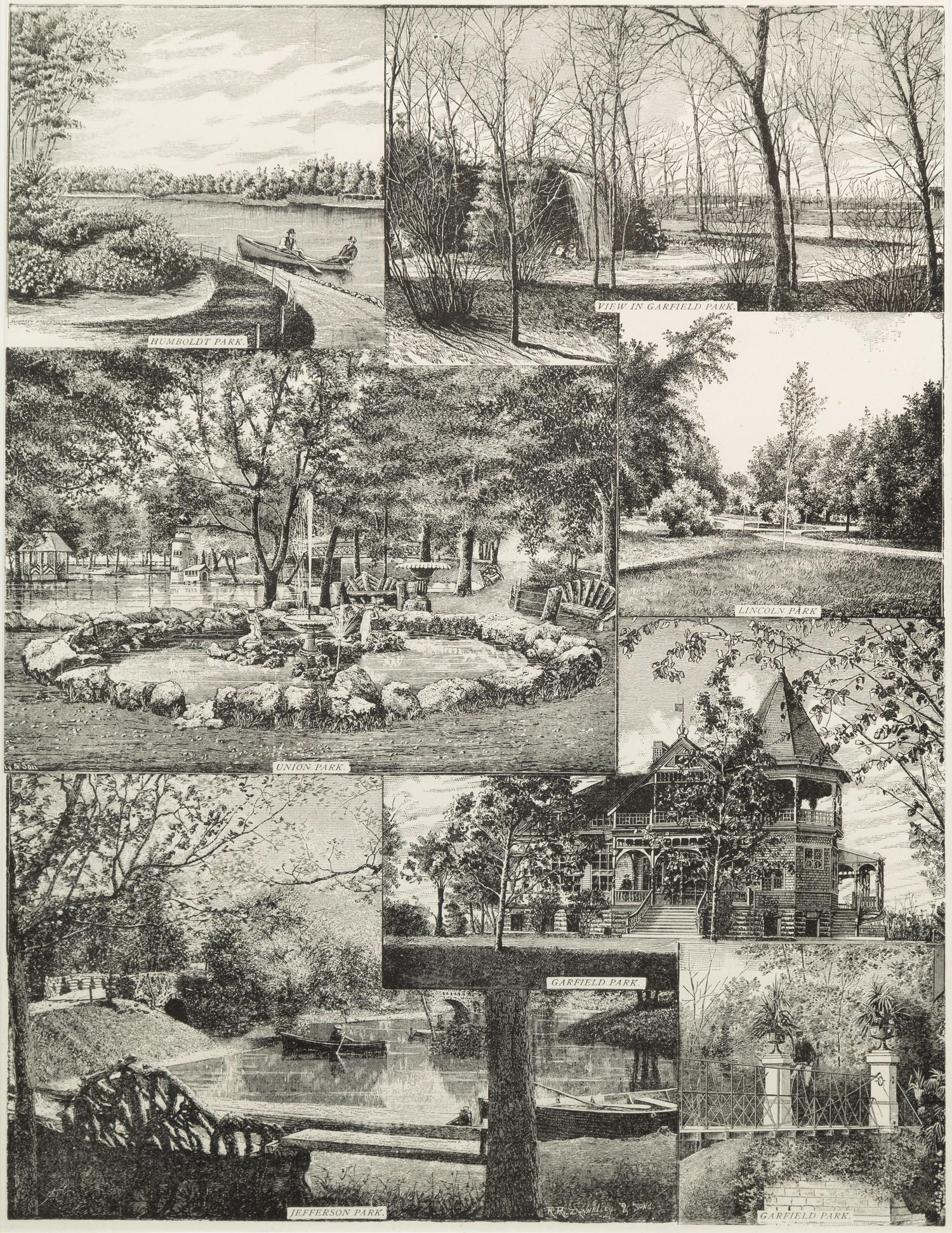 [ART AND ARCHITECTURE]. A group of 15 woodcut scenes of Chicago by R.R. Donnelly & Sons and others.