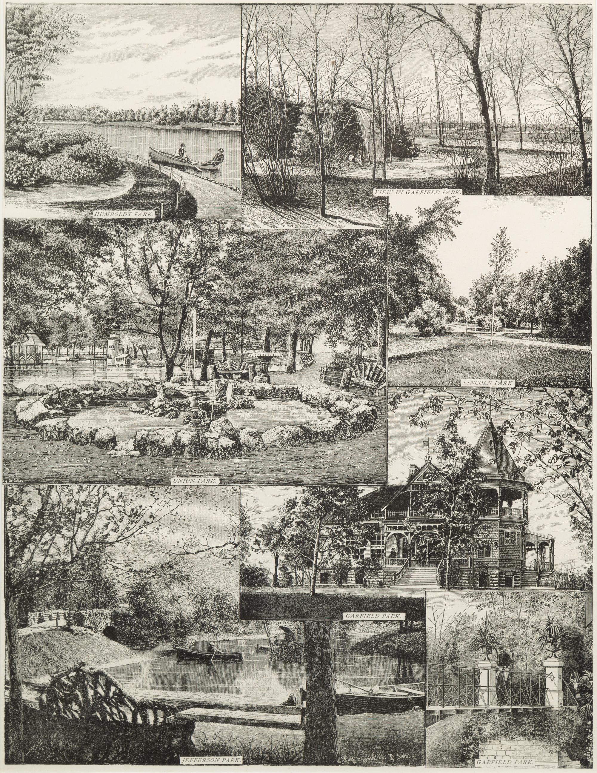 [ART AND ARCHITECTURE]. A group of 15 woodcut scenes of Chicago by R.R. Donnelly & Sons and others.