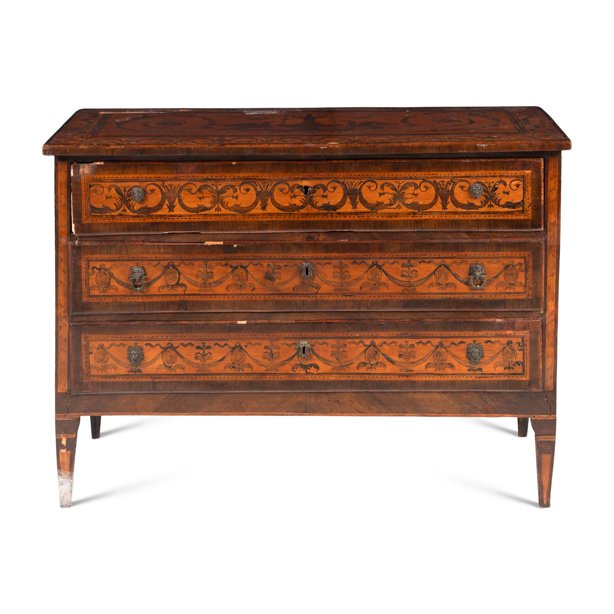 An Italian Neoclassical Mahogany and Fruitwood Marquetry Commode