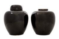 A Pair of Mirror Black Glazed Porcelain Ginger Jars Height 9 1/2 inches.