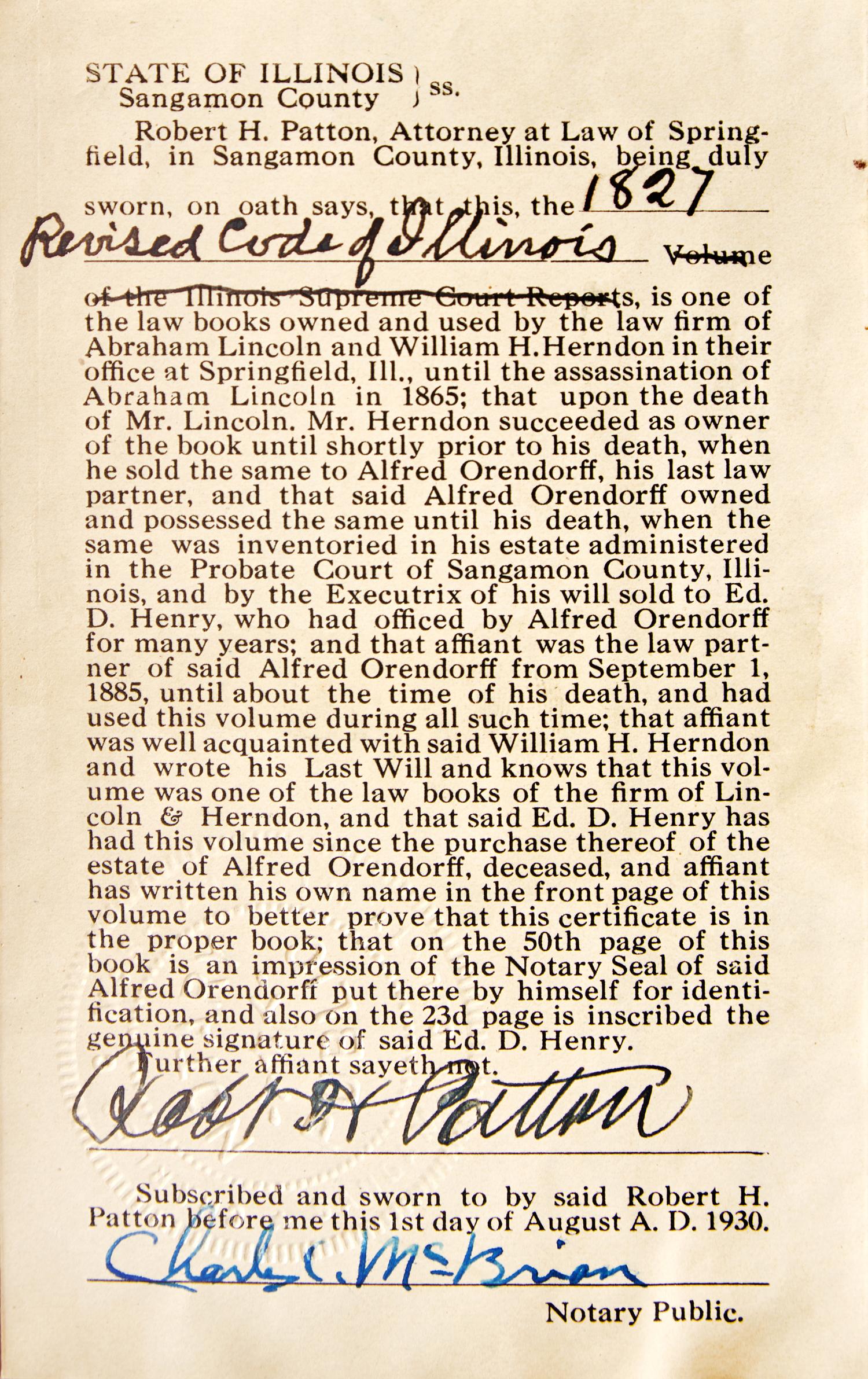 [HERNDON, William H. (1818-1891), his copy]. The Revised Code of Laws, of Illinois ... Vandalia, Illinois: Robert Blackwell, 1827.