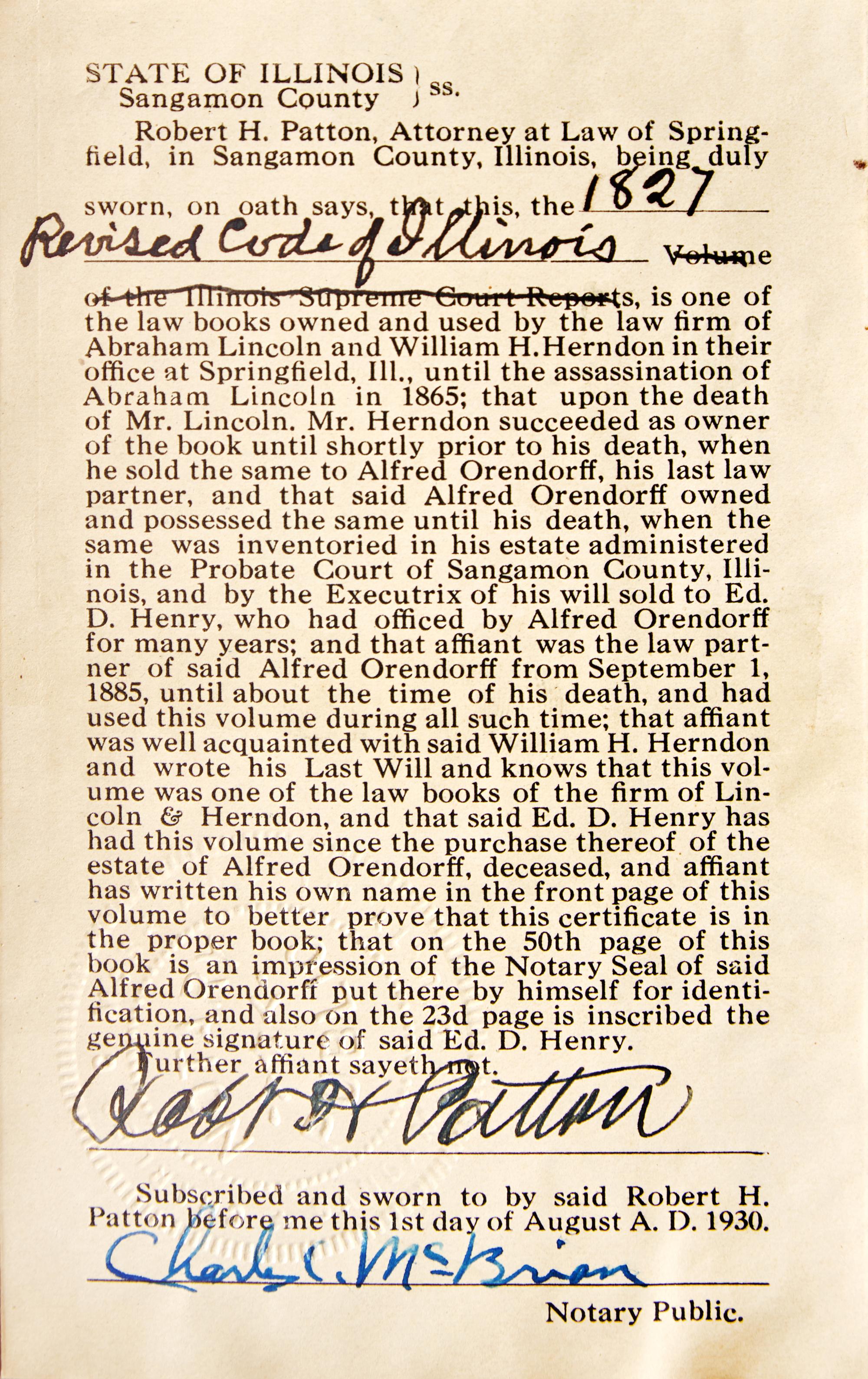 [HERNDON, William H. (1818-1891), his copy]. The Revised Code of Laws, of Illinois ... Vandalia, Illinois: Robert Blackwell, 1827.
