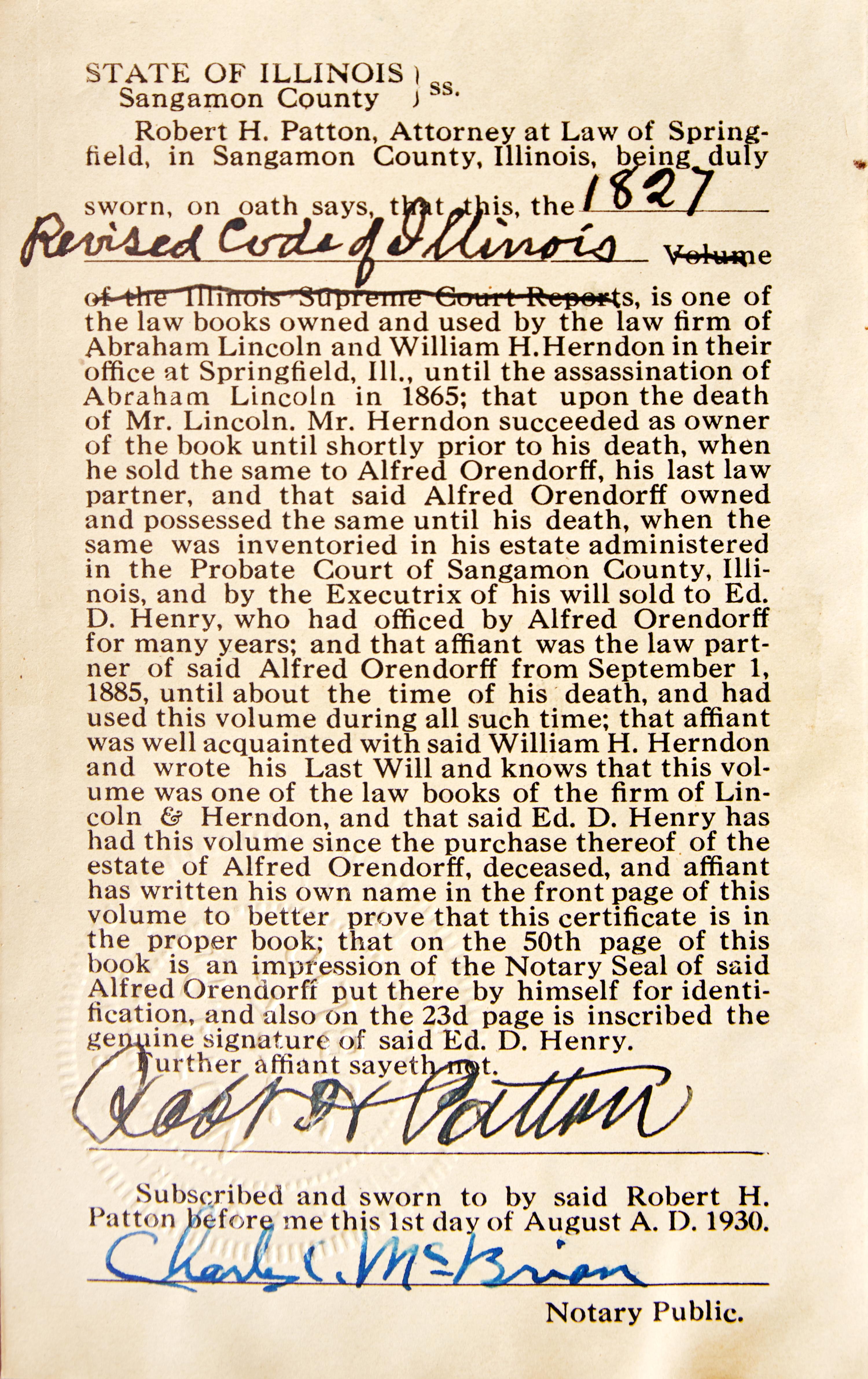 [HERNDON, William H. (1818-1891), his copy]. The Revised Code of Laws, of Illinois ... Vandalia, Illinois: Robert Blackwell, 1827.