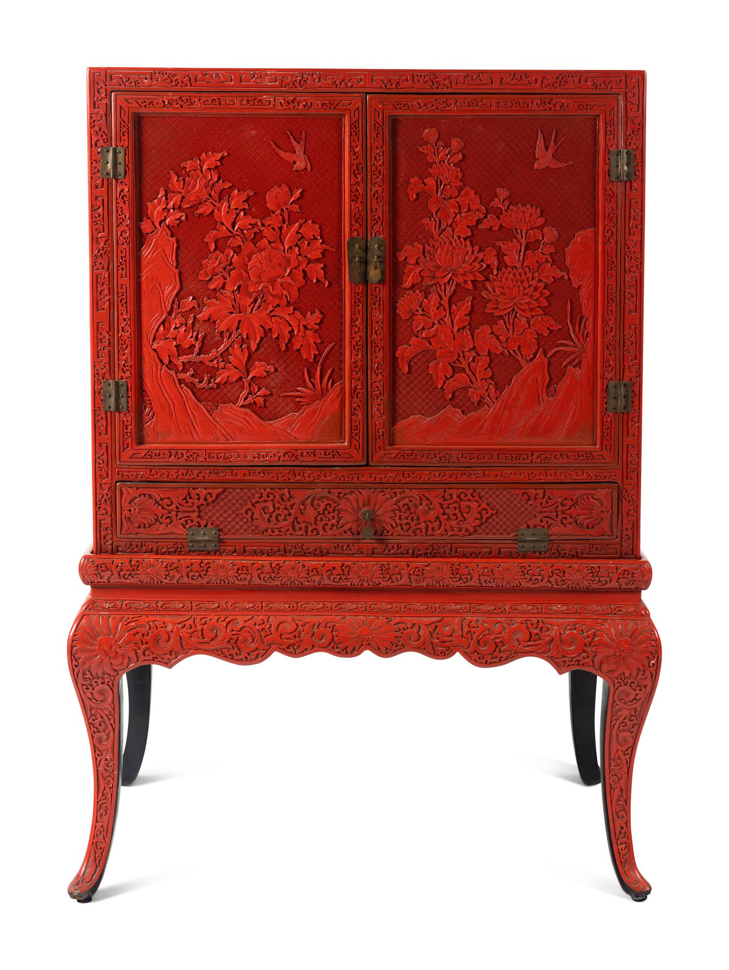 A Large Chinese Cinnabar Lacquer Chest on Stand