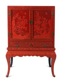 A Large Chinese Cinnabar Lacquer Chest on Stand