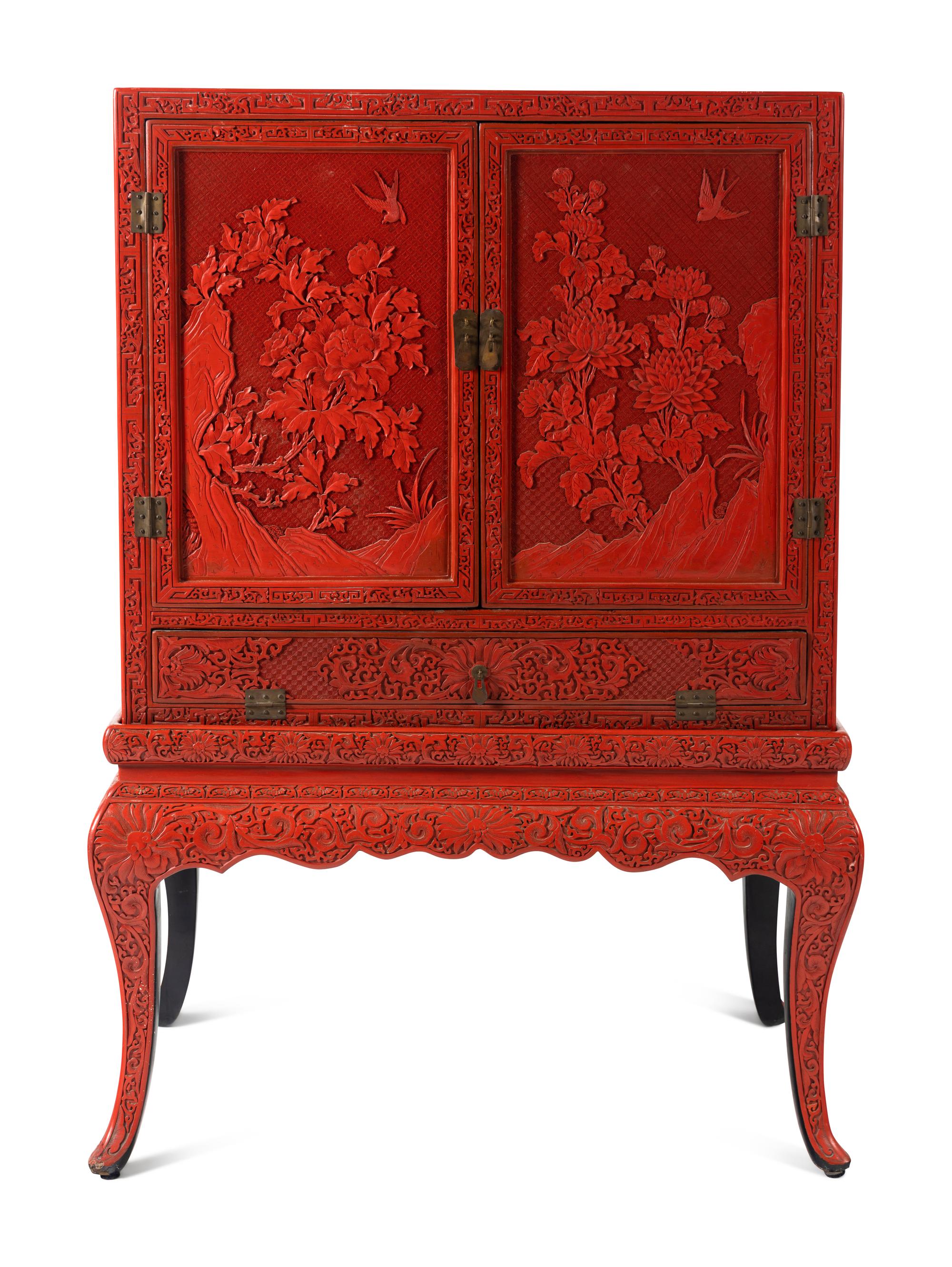 A Large Chinese Cinnabar Lacquer Chest on Stand