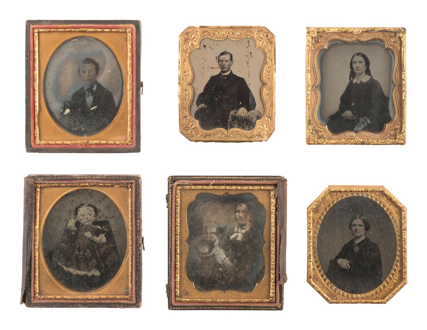 [EARLY PHOTOGRAPHY]. 45 daguerreotypes, ambrotypes, and tintypes of men, women, and children, some in Union cases.