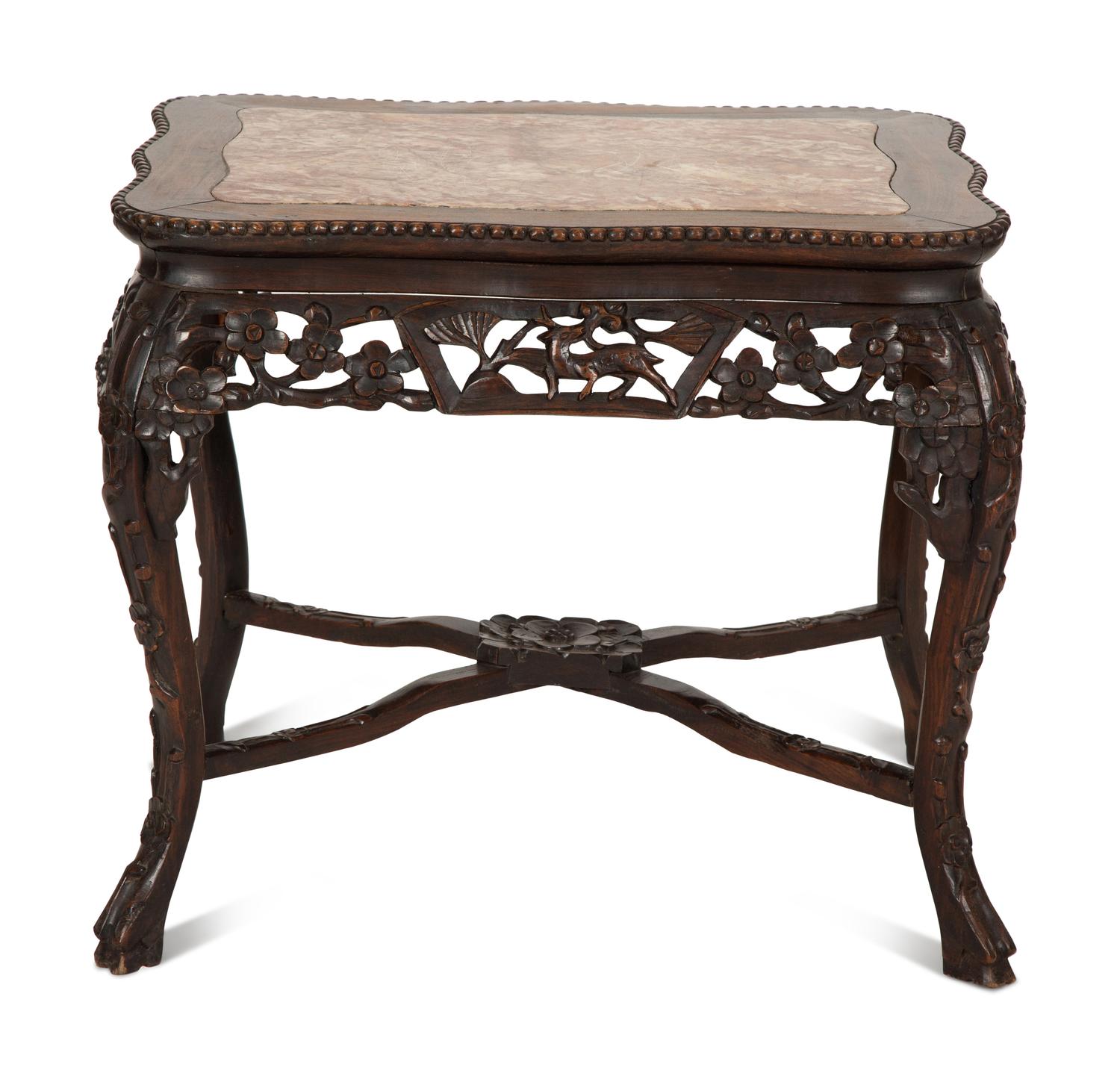 A Chinese Carved Hardwood Low Table with Marble Inset Top