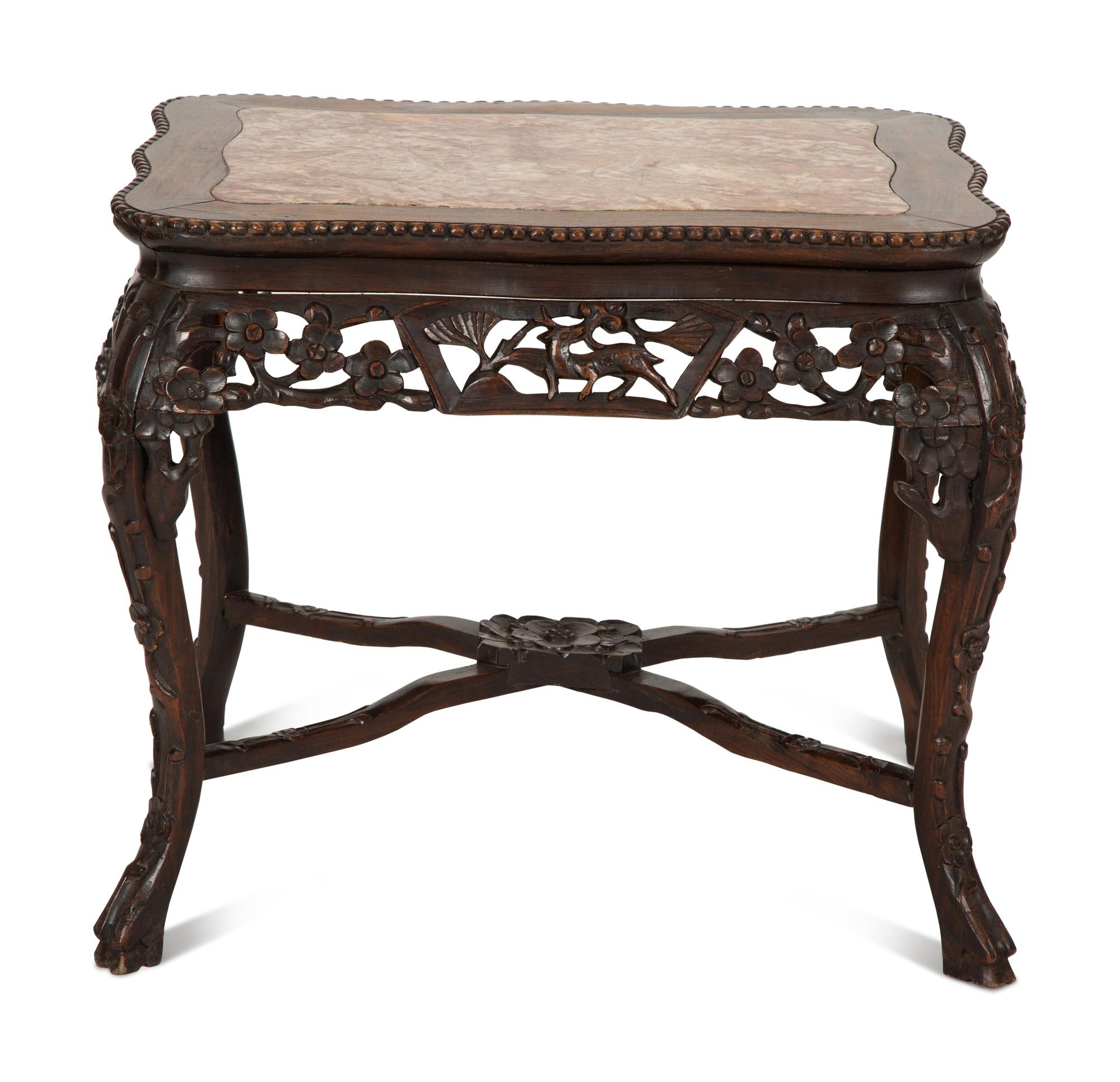 A Chinese Carved Hardwood Low Table with Marble Inset Top