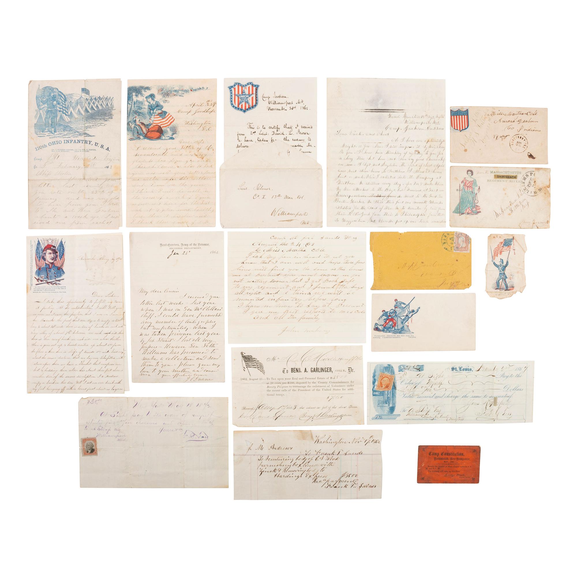 [CIVIL WAR]. A group of Civil War letters and ephemera representing multiple soldiers, a war-date governor, and including Andersonville POW letter from Private Samuel W. Armington (1837-1913), Co. D, Massachusetts 15th Infantry.