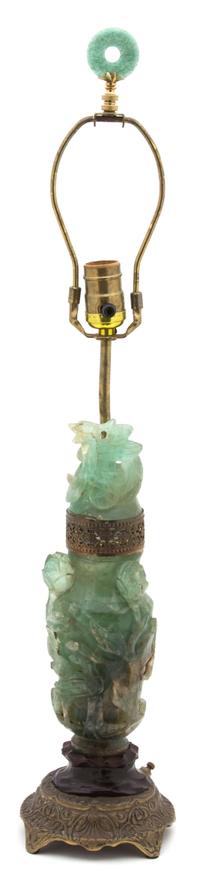A Gilt Metal Mounted Carved Green Jadeite Covered Urn Height overall 28 inches, jade height 12 inches.