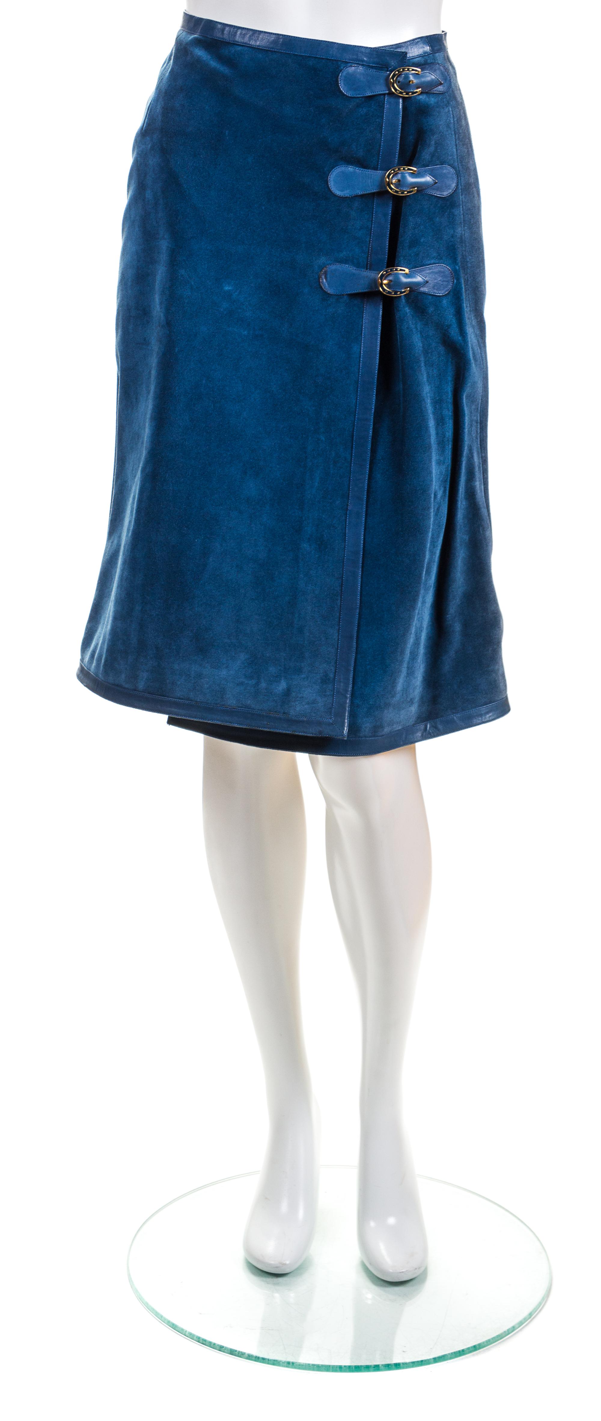 A Gucci Blue Suede Wrap Skirt, Size 42.