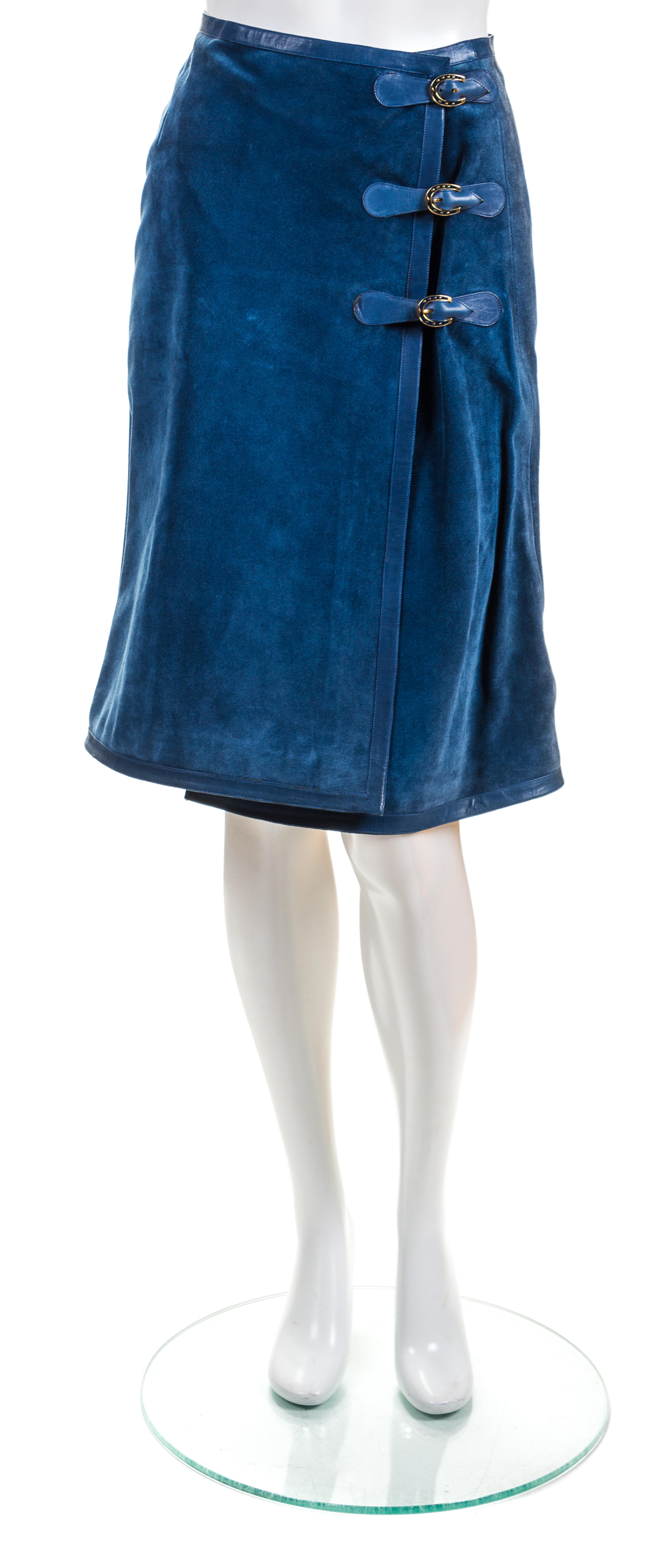 A Gucci Blue Suede Wrap Skirt, Size 42.