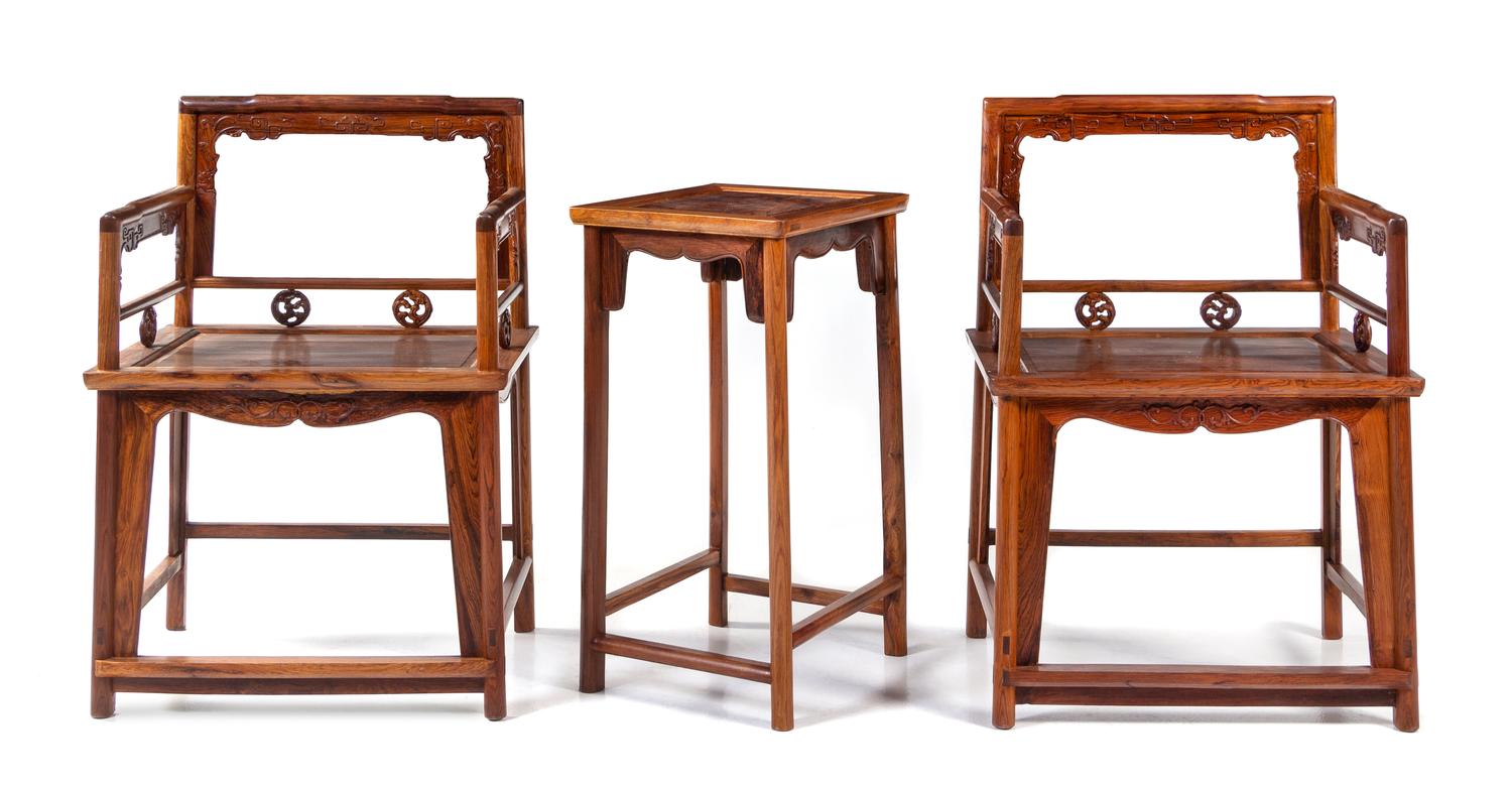 A Pair of Hardwood Low-Back Armchairs, Meiguiyi, and a Side Table Height 32 inches. — 20TH CENTURY