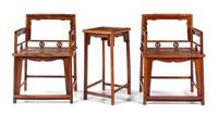 A Pair of Hardwood Low-Back Armchairs, Meiguiyi, and a Side Table Height 32 inches. — 20TH CENTURY