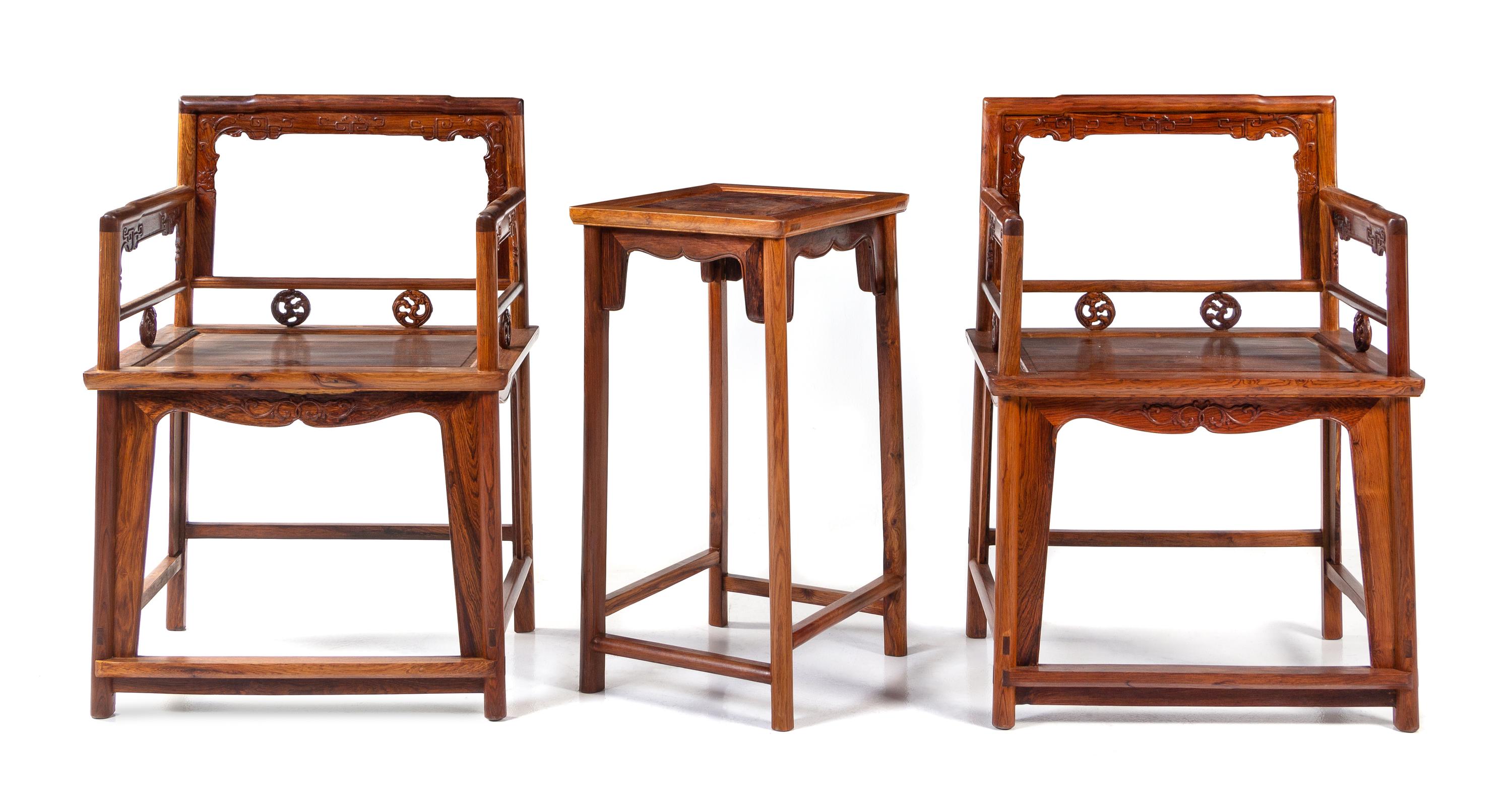 A Pair of Hardwood Low-Back Armchairs, Meiguiyi, and a Side Table Height 32 inches. — 20TH CENTURY