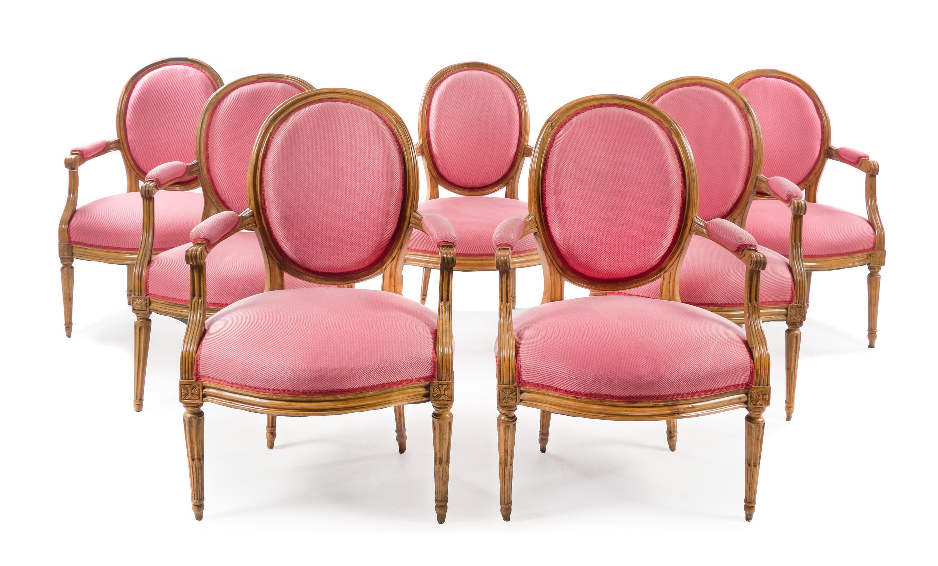 A Set of Seven Louis XVI Walnut Fauteuils Height 35 inches. — LATE 18TH CENTURY