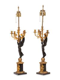 A Pair of Empire Style Gilt and Patinated Bronze Candelabra Mounted as Lamps