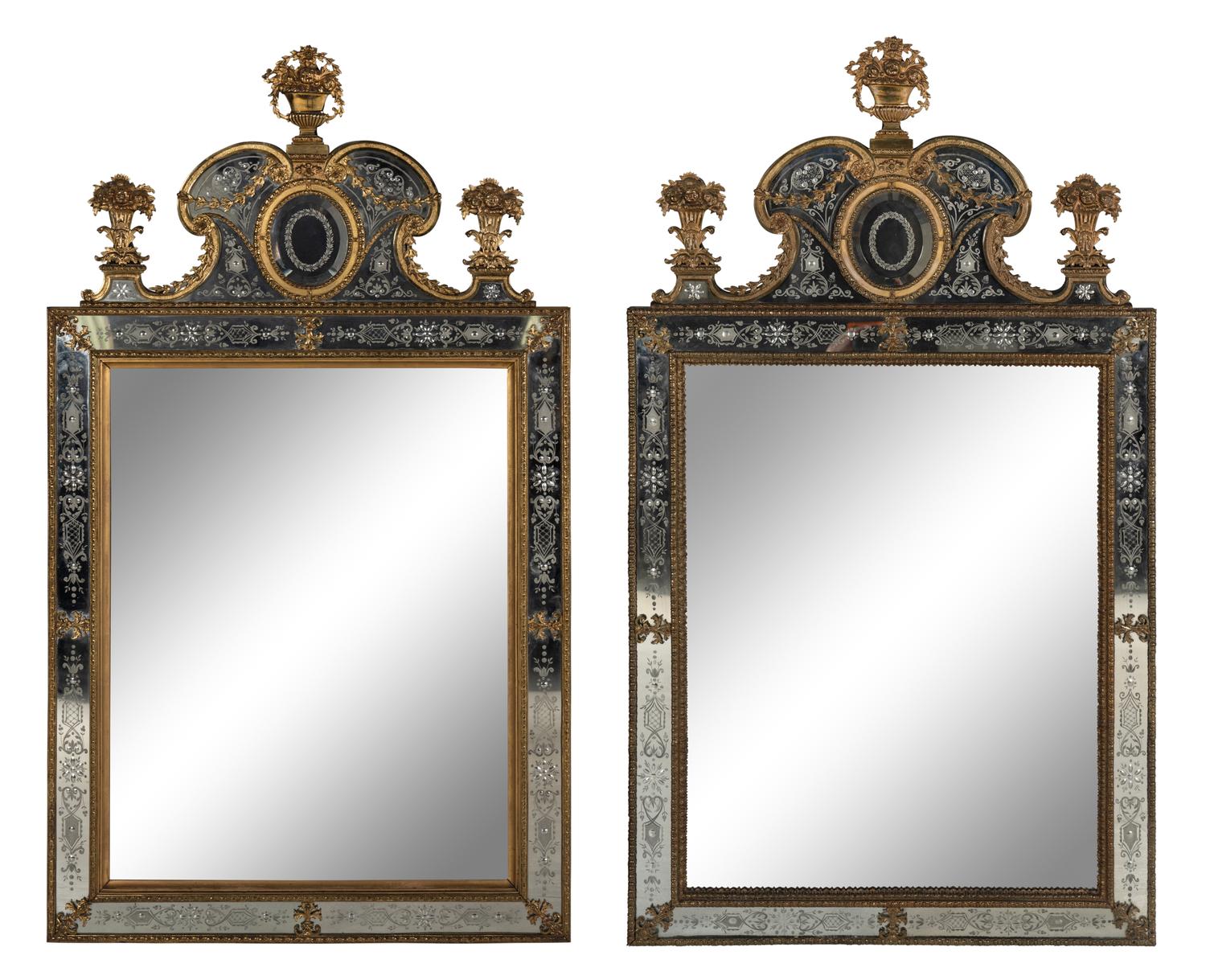 A Pair of Swedish Baroque Style Gilt Metal Mounted Etched Glass Mirrors