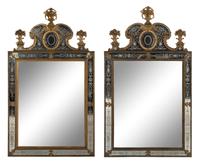 A Pair of Swedish Baroque Style Gilt Metal Mounted Etched Glass Mirrors