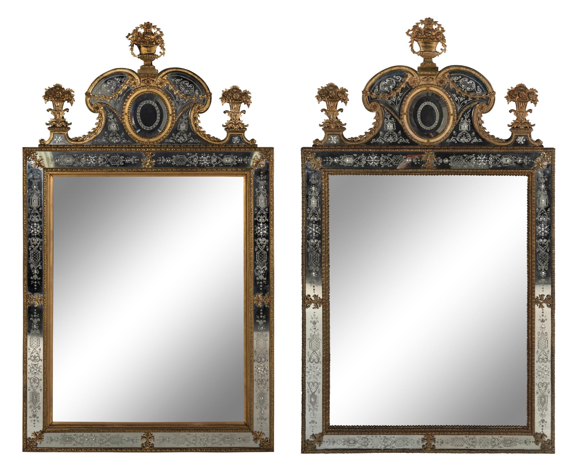A Pair of Swedish Baroque Style Gilt Metal Mounted Etched Glass Mirrors