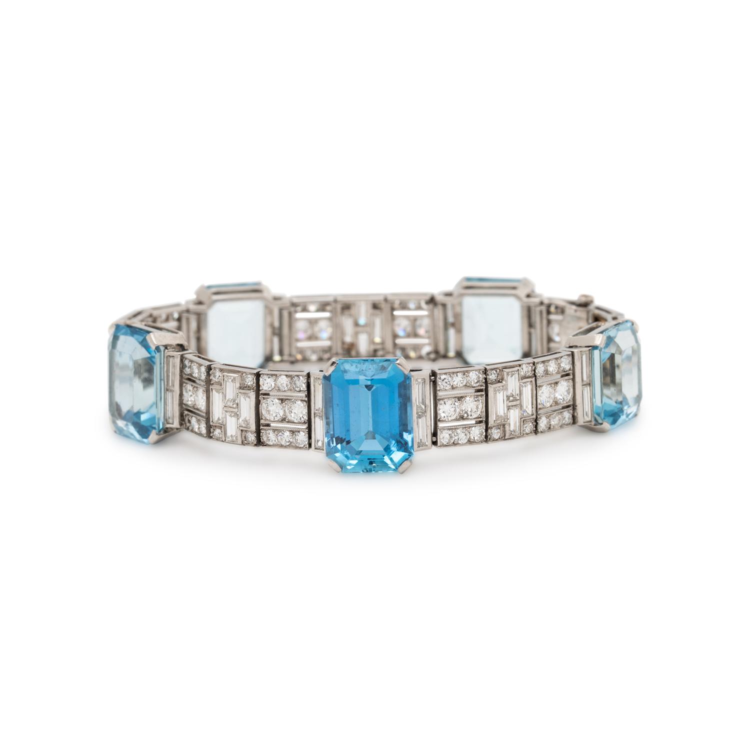 TIFFANY & CO, ART DECO, AQUAMARINE AND DIAMOND BRACELET