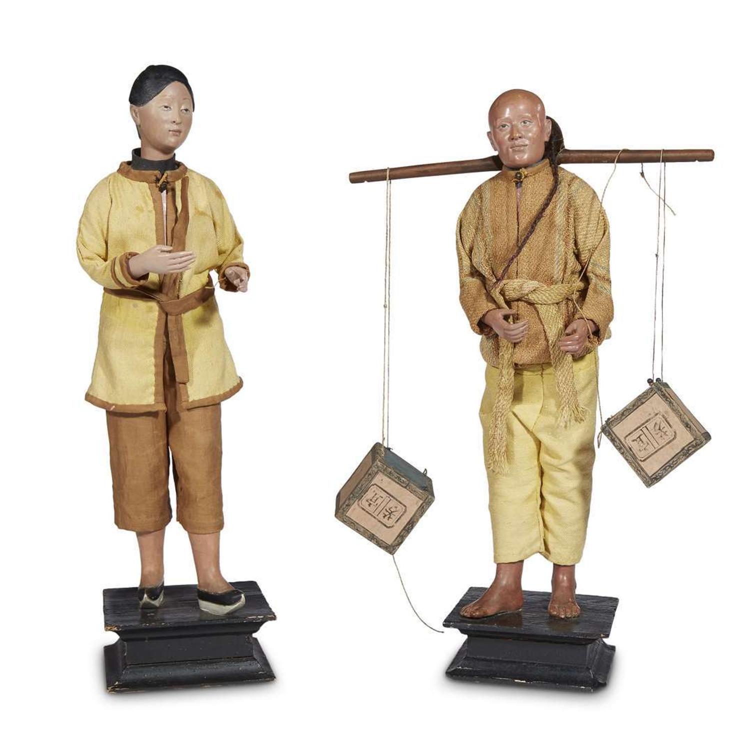 Two China Trade painted clay nodding head figures of tea workers 20th century