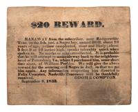 [SLAVERY & ABOLITION]. $20 Reward . Runaway broadside. Nashville, Tennessee: Odom & Compton, 9 September 1833.