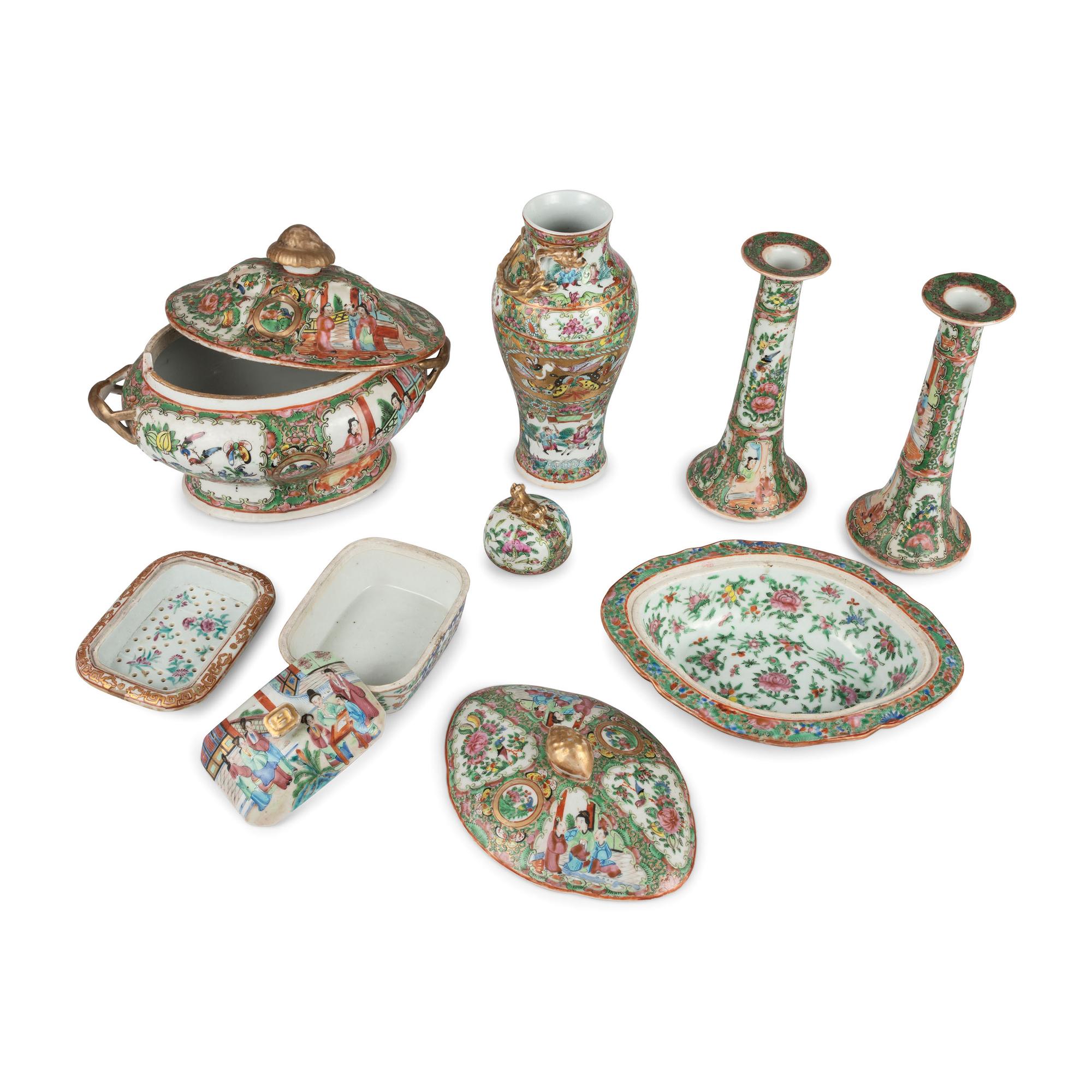 A Collection of Chinese Export Rose Medallion Porcelain Table Articles