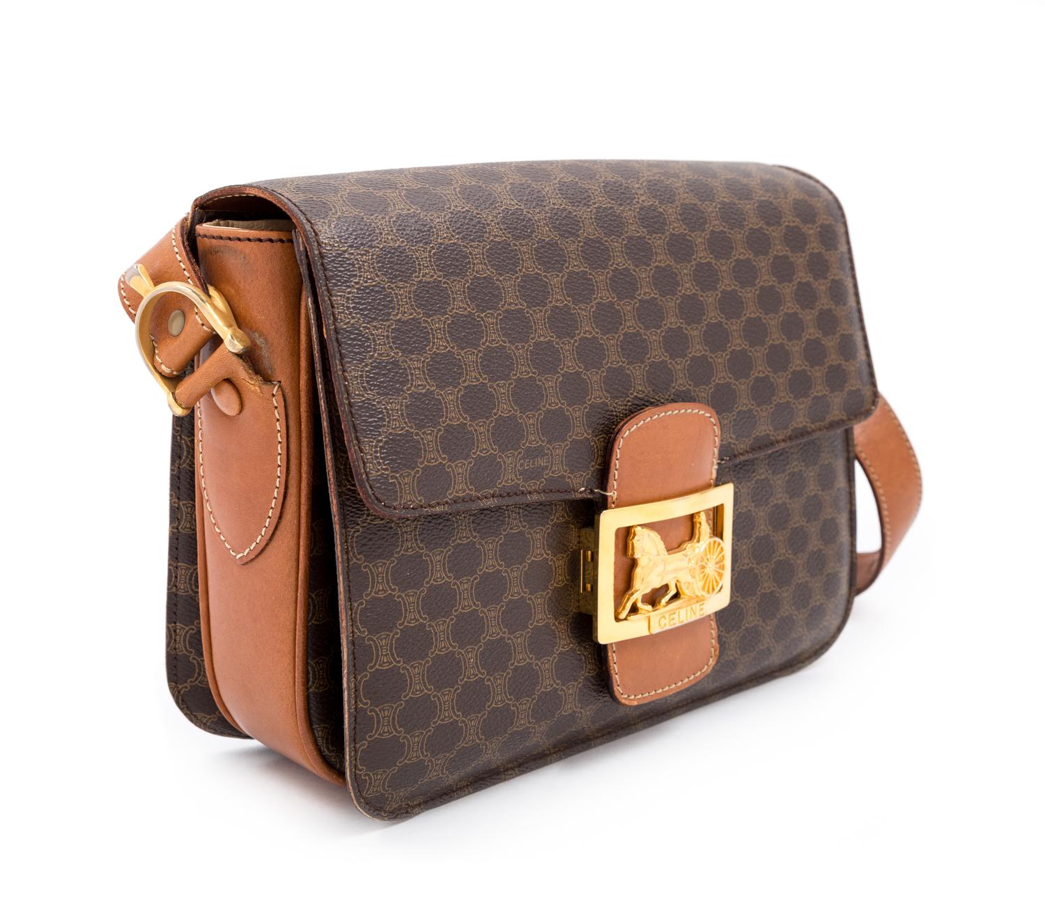 A Celine Brown Macadam Pattern Shoulder Bag, 7.5" H x 9.5" W x 2.5" D; Strap drop: 15.5"- 18.5".