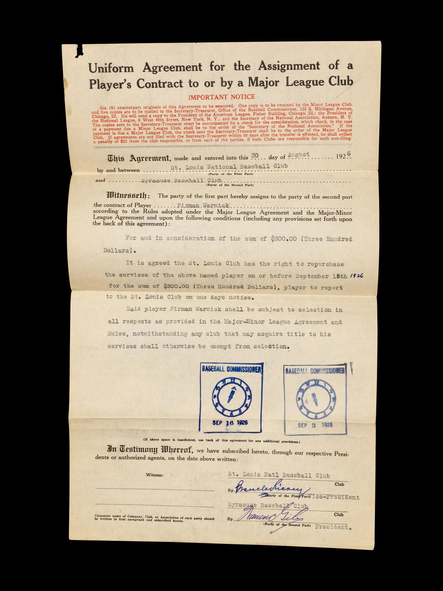 A Group of 15 1920s-30s St. Louis Cardinals Contract Agreements All Signed by Branch Rickey