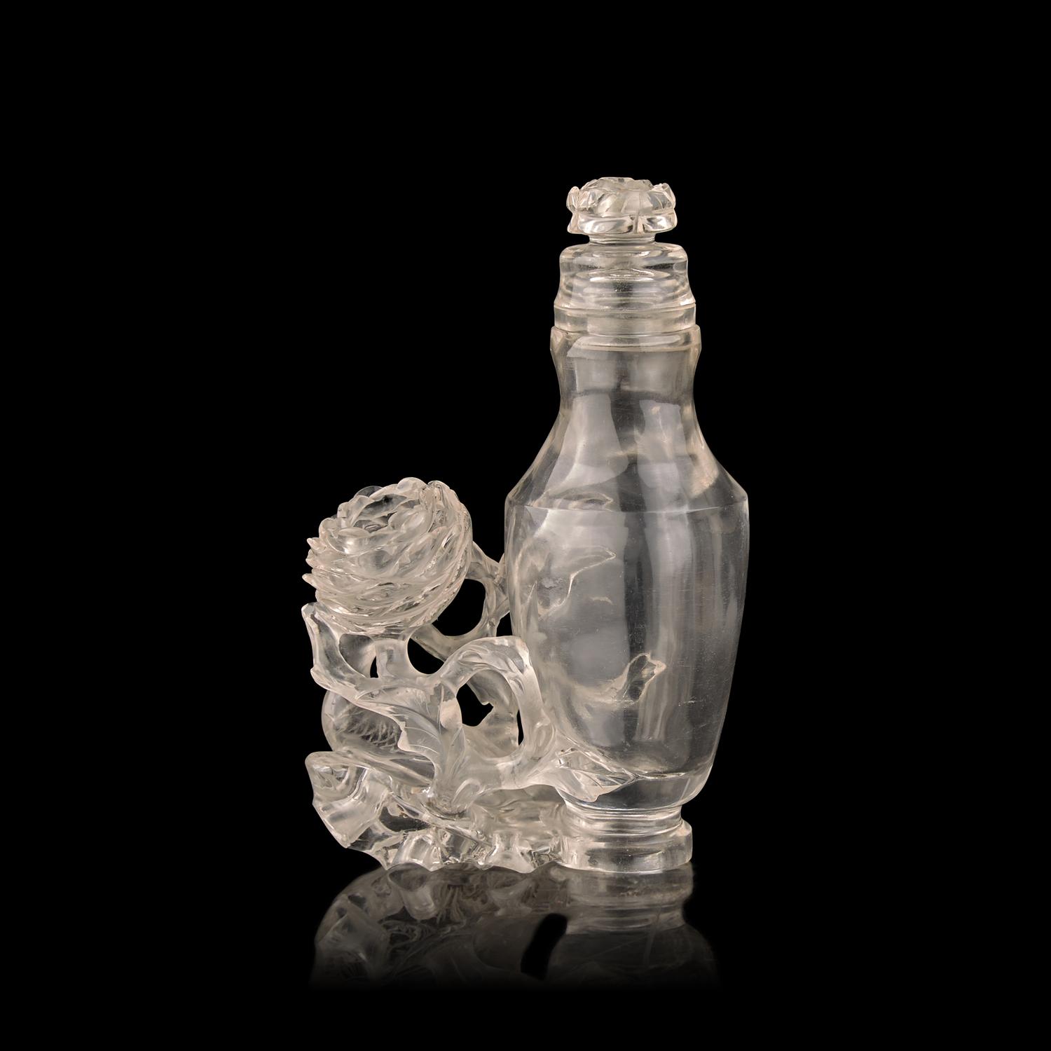 A Small Chinese Carved Rock Crystal Vase and Cover with Bird and Flowers, Qing Dynasty 清 水晶雕花鳥紋蓋瓶